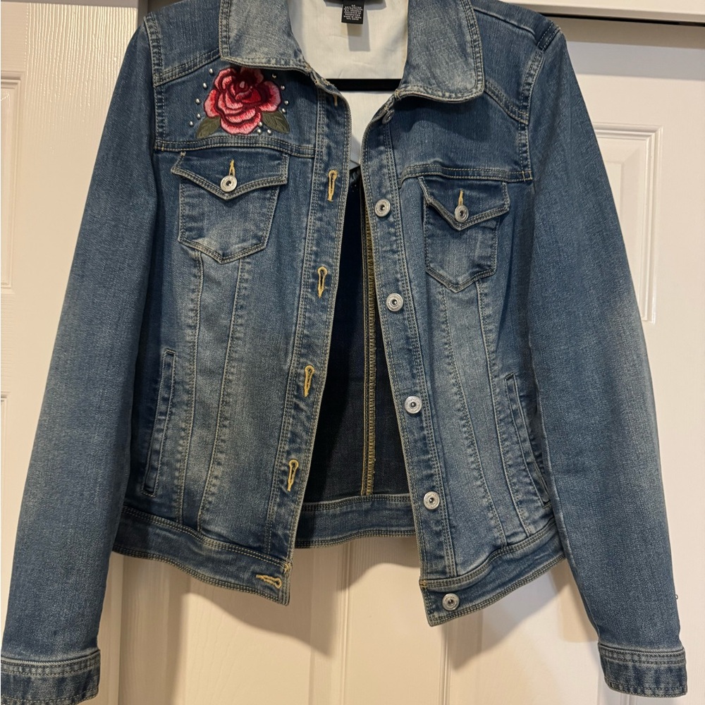 INC International Concepts Blue Jean Jacket with Red Rose Embroidery